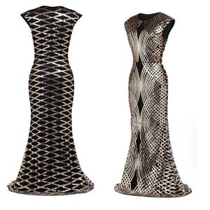 NWOT Black Dress with Gold Sequins Floor Length Gown Size Small